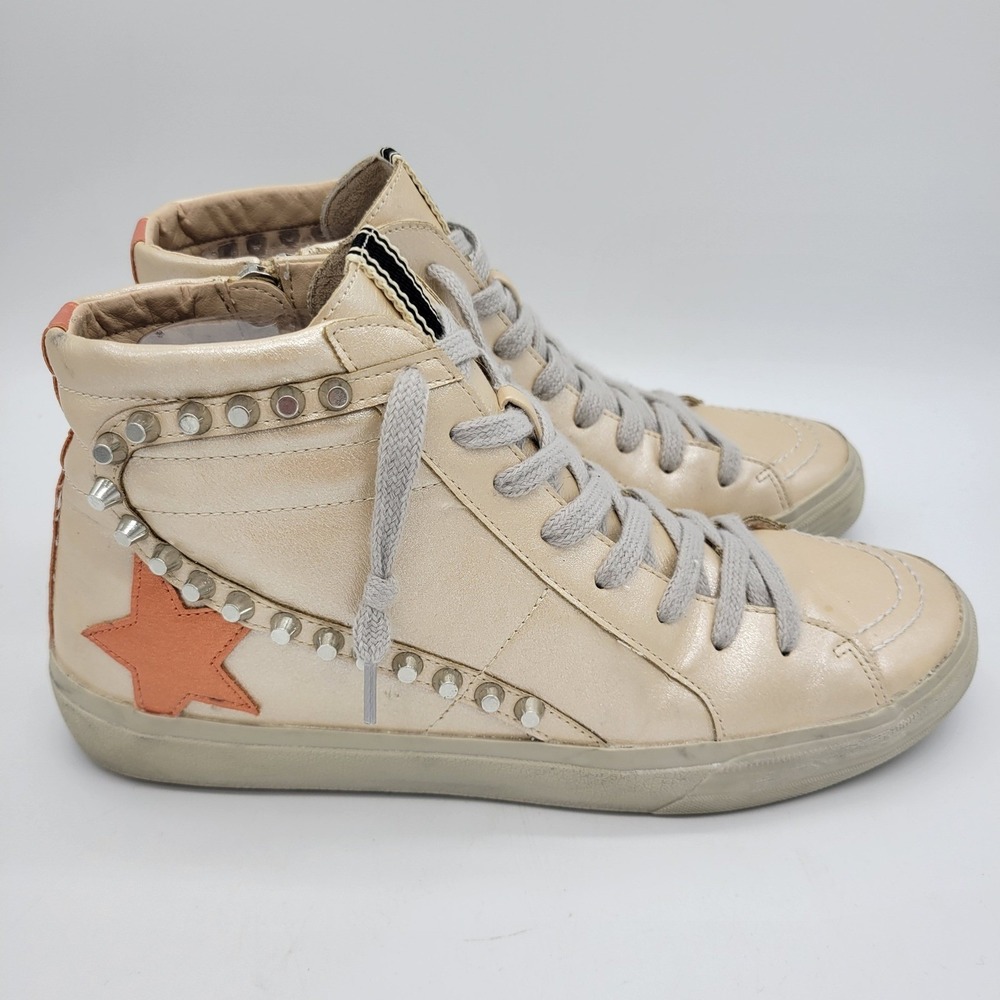 Shu Shop Riri Women High Top Leather Sneakers Beige Metallic Studded Star Size 9